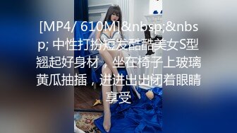 [MP4/ 610M]&nbsp;&nbsp; 中性打扮短发酷酷美女S型翘起好身材，坐在椅子上玻璃黄瓜抽插，进进出出闭着眼睛享受